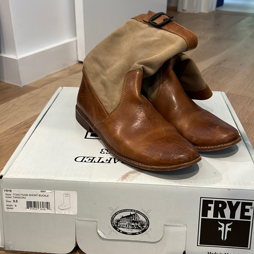 Frye Paige short buckle tan boots size 9. Canvas and leather.